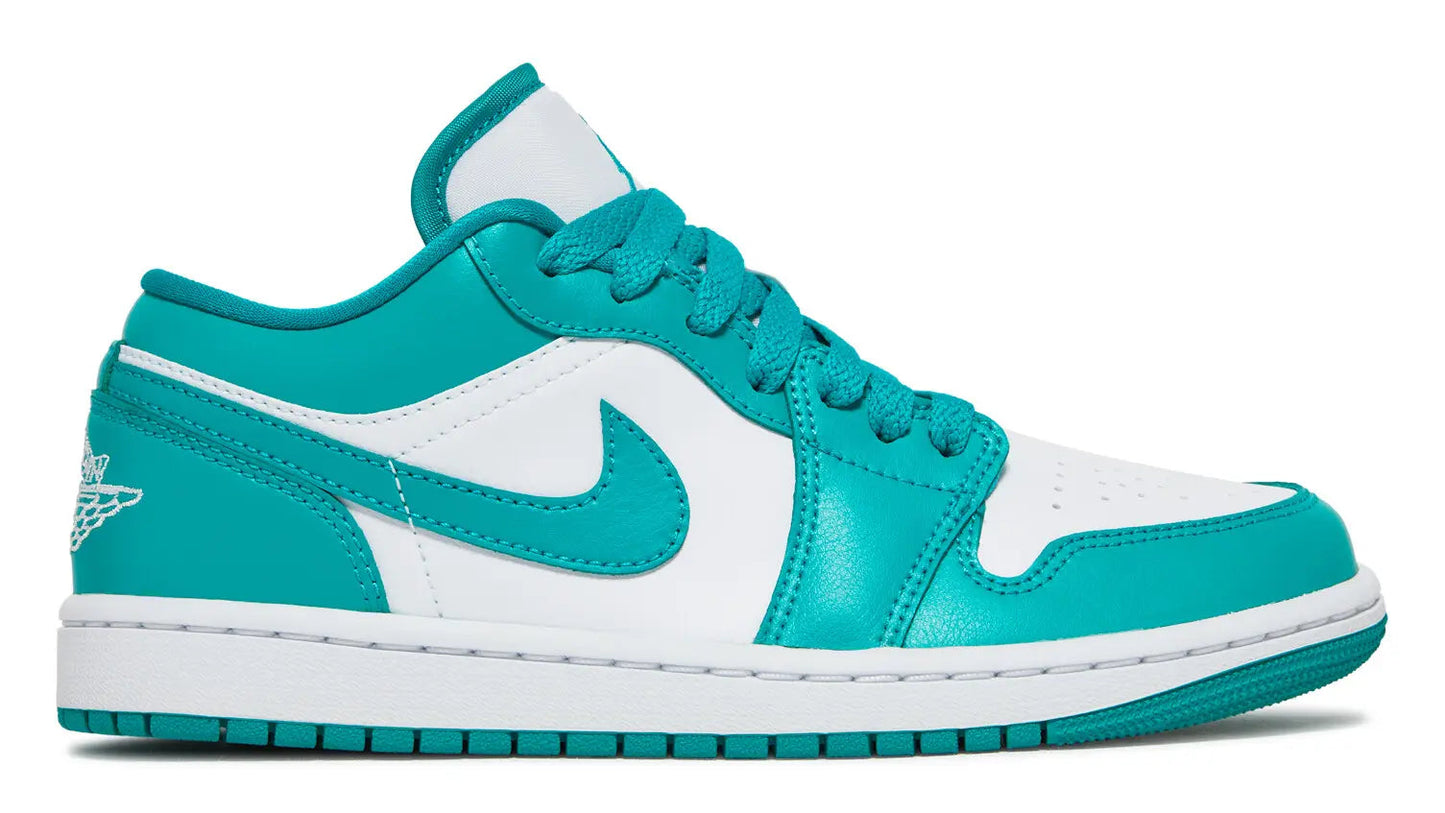 Teal and white sneaker with Nike logo on a white background
