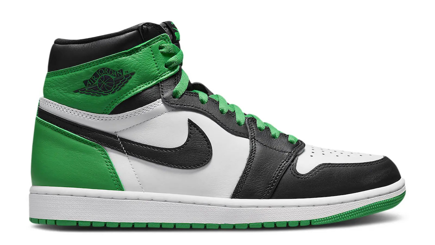 High-top sneaker with black, green, and white color scheme on a white background