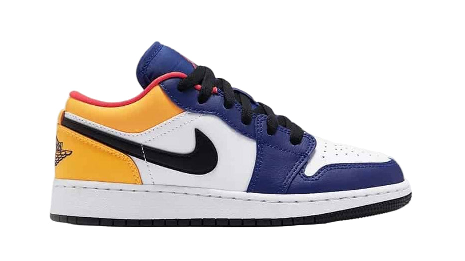 Multicolored sneaker with a prominent Nike logo on a white background