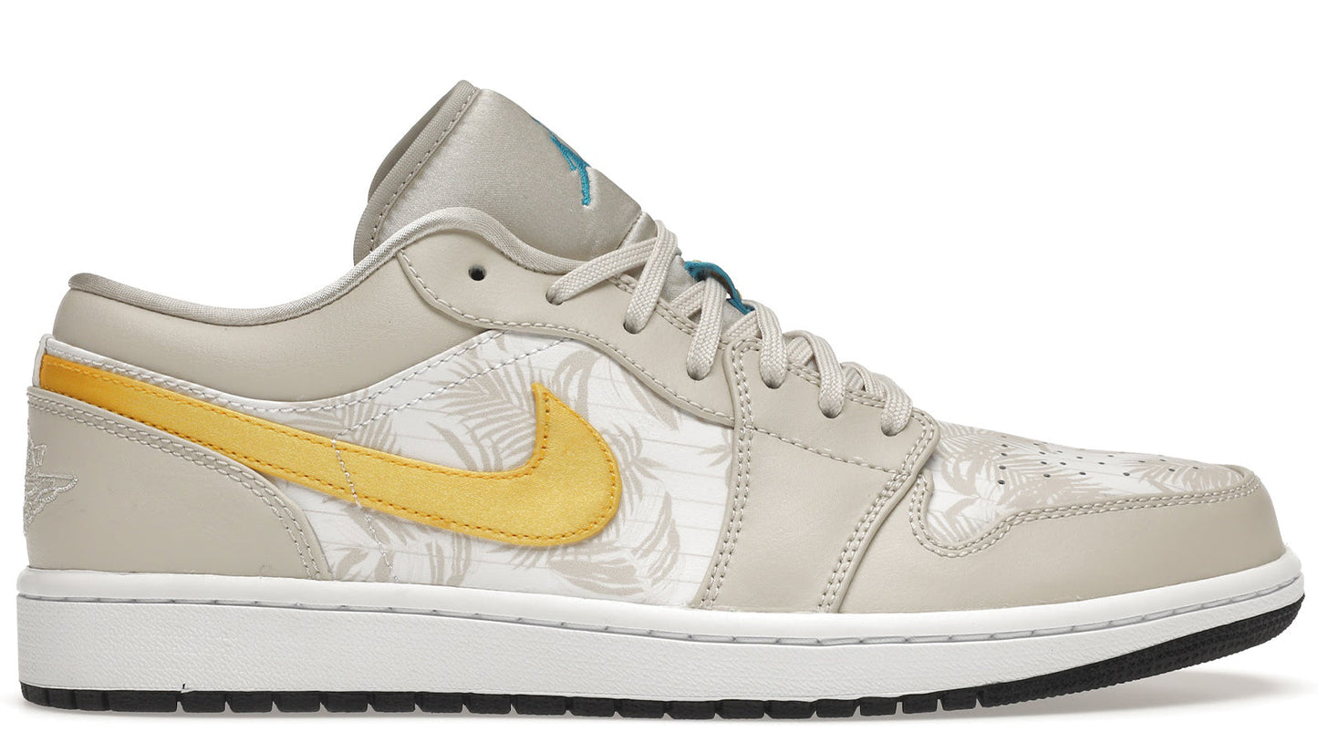Sneaker with floral pattern and yellow swoosh logo on a white background