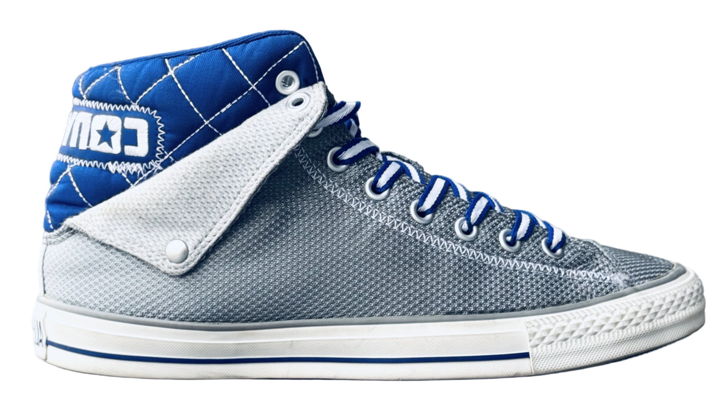 Gray high-top sneaker with blue accents and a visible brand logo