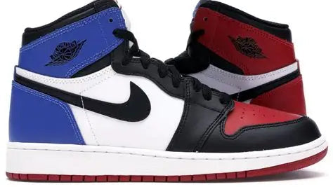 Color-blocked high-top sneakers with blue, red, and black design on a white background