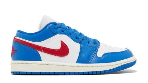 Blue and white sneaker with red Nike logo on a white background