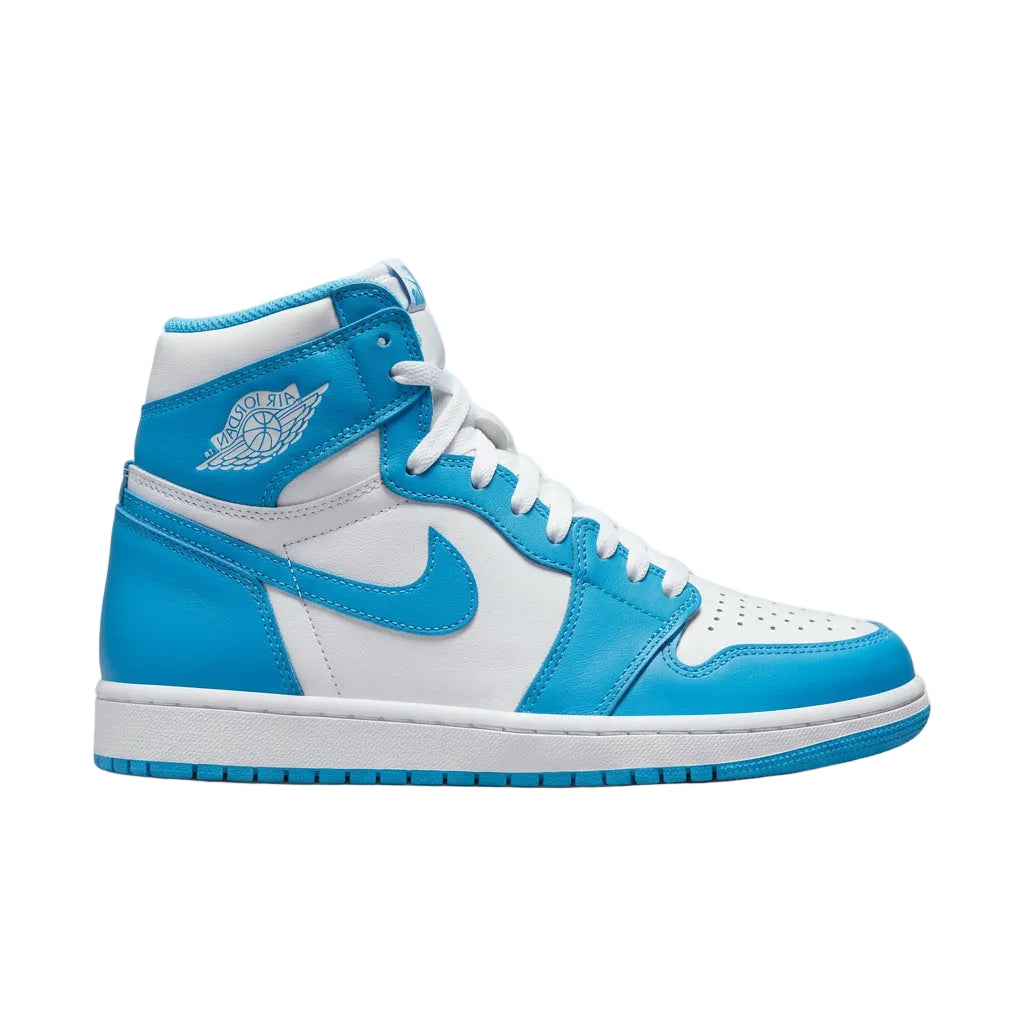 Blue and white sneaker with a prominent logo on a white background