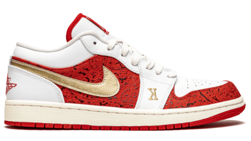 White and red sneaker with gold Nike logo on a white background