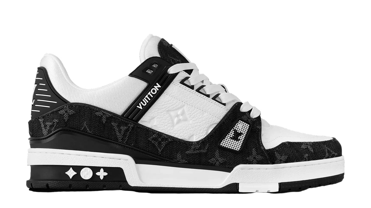 Black and white sneaker with brand logo on a white background