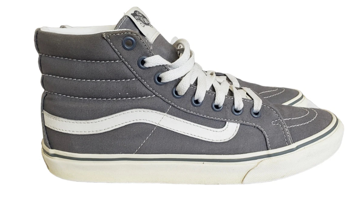 Gray high-top sneaker with white laces on a white background