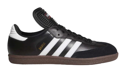 Black Adidas sneaker with white stripes on a white background