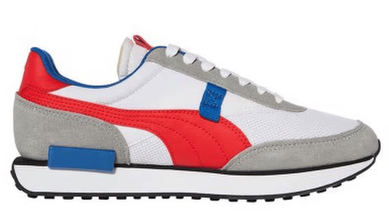 Sneaker with red, gray, and blue design on a white background