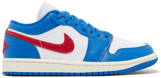 Blue and white sneaker with red swoosh logo on a white background