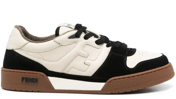 Fendi sneaker with white, black, and brown color scheme on a white background