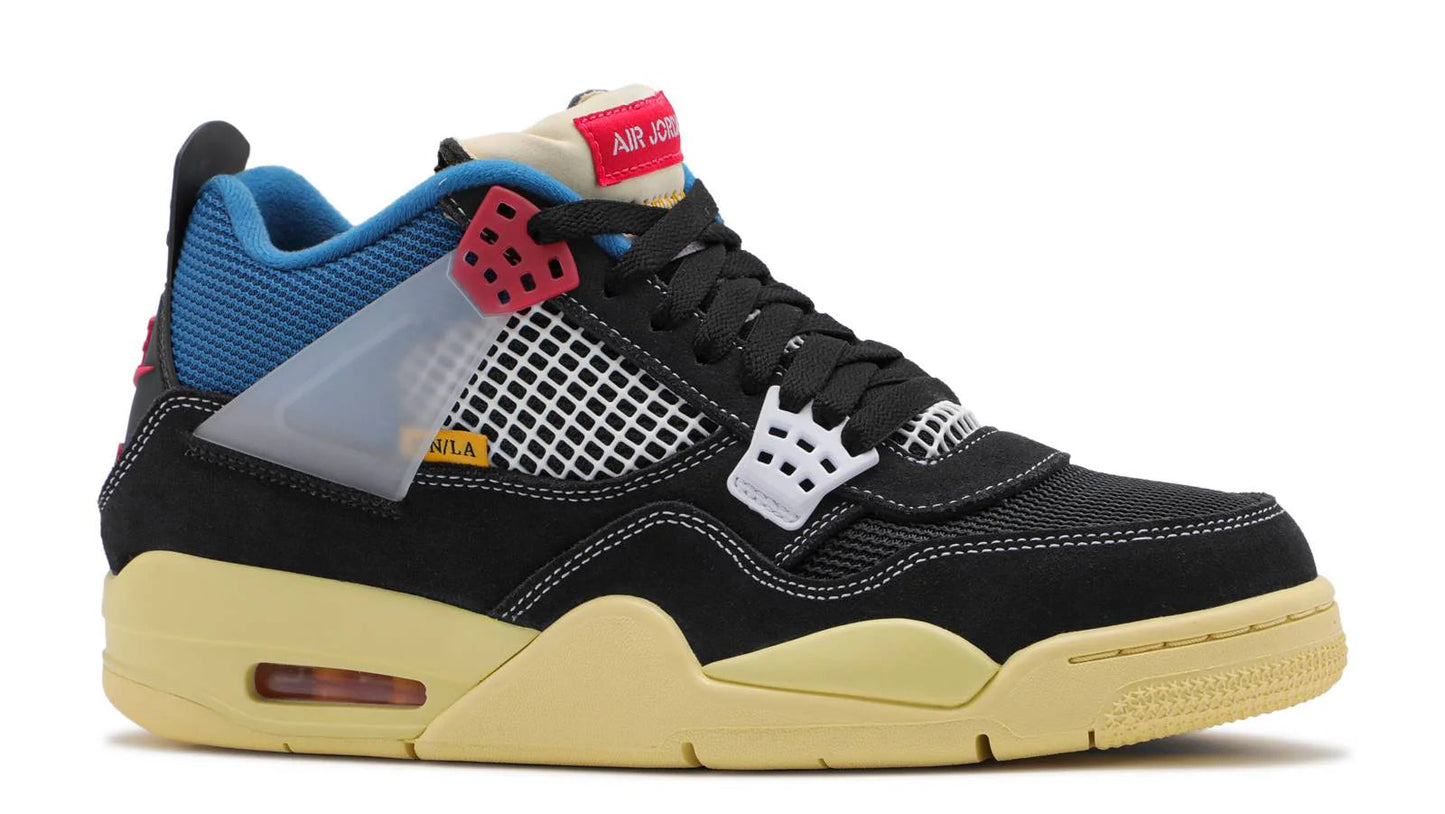 Multicolor sneaker with black, blue, red, and beige accents on a white background