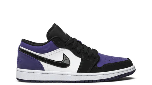 Purple, black, and white sneaker on a white background