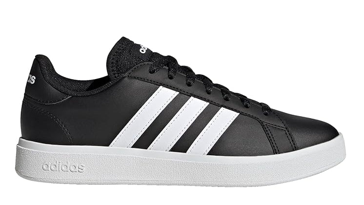 Black Adidas sneaker with white stripes on a white background