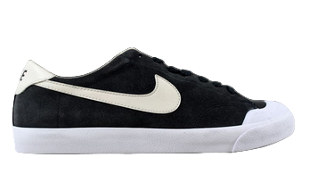 Black sneaker with a white swoosh logo on a white background