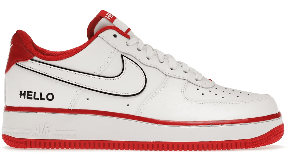 White sneaker with red accents and 'HELLO' text on a white background