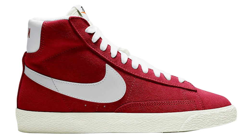Red sneaker with a white swoosh logo on a white background