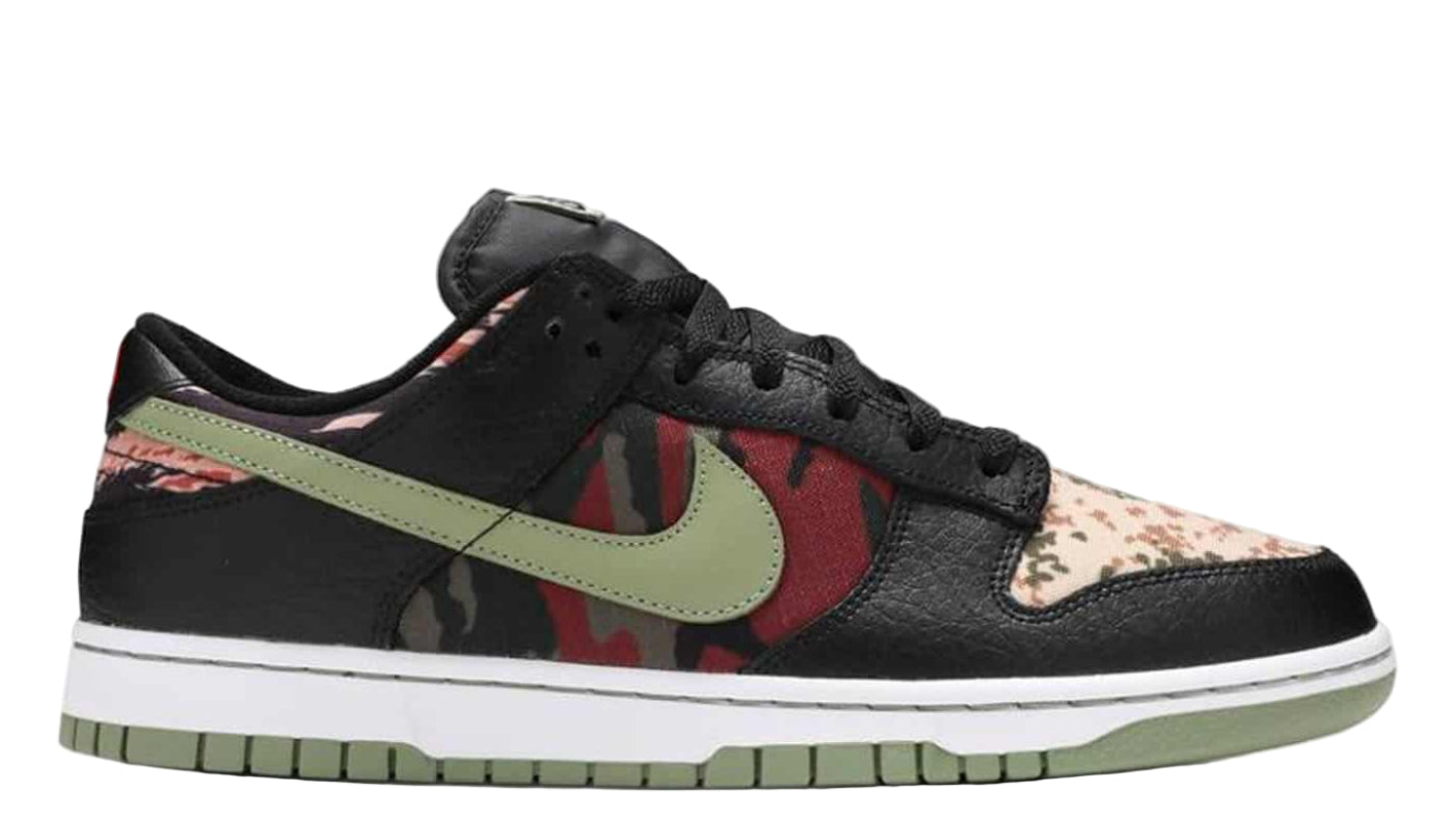 Black sneaker with camouflage pattern on a white background