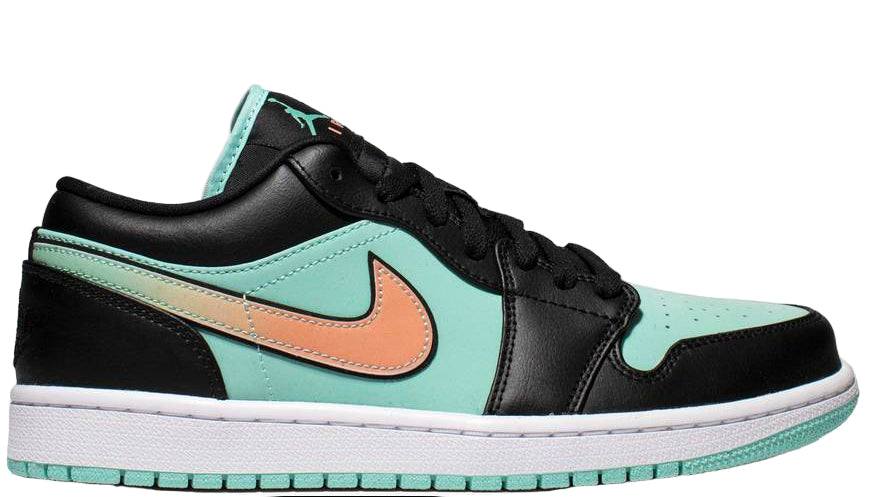 Black and teal sneaker with a colorful swoosh logo on a white background