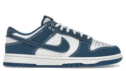 Blue and white sneaker with a prominent brand logo on a white background