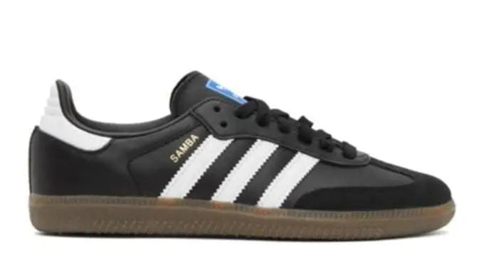 Black Adidas sneaker with white stripes on a white background