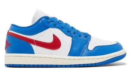 Blue and white sneaker with red Nike logo on a white background