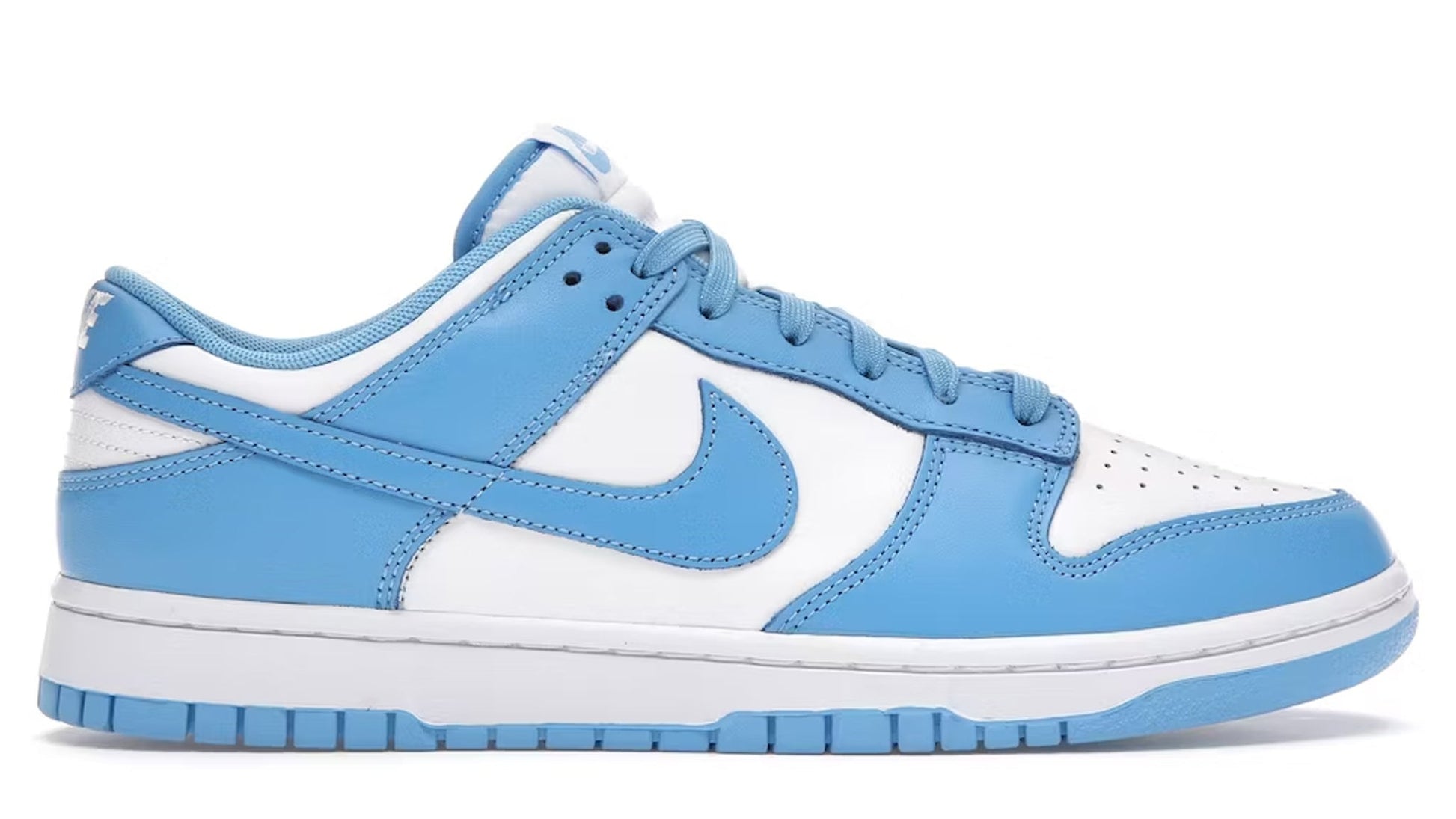 Blue and white sneaker with Nike logo on a white background