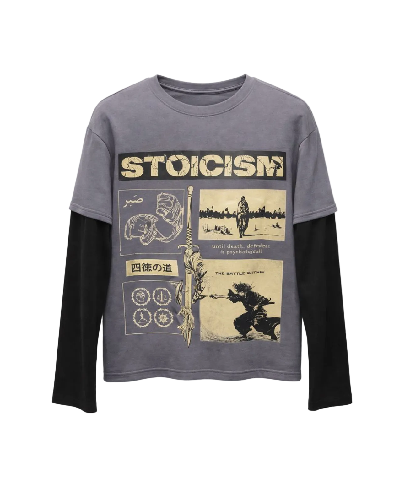 Long-sleeve shirt with Stoicism graphic design on a white background