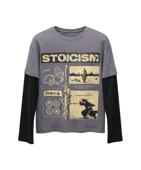 Long-sleeve shirt with Stoicism graphic design on a white background
