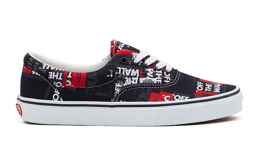 Black and red sneaker with text pattern on a white background