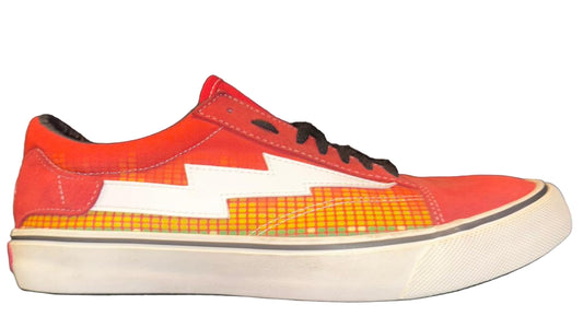 Red and orange sneaker with a white lightning 