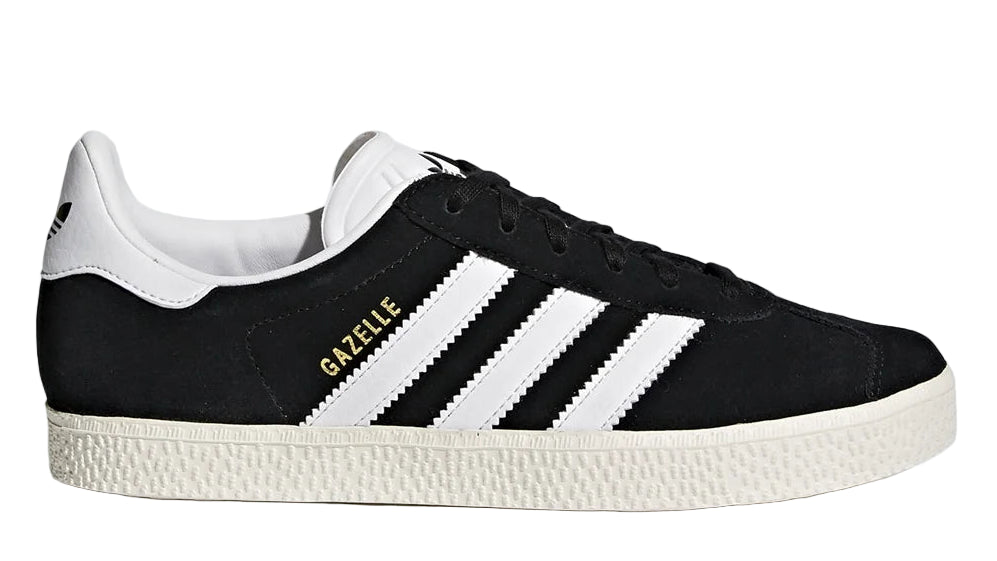 Black Adidas Gazelle sneaker with white stripes on a light gray background