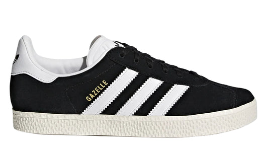 Black Adidas Gazelle sneaker with white stripes on a light gray background