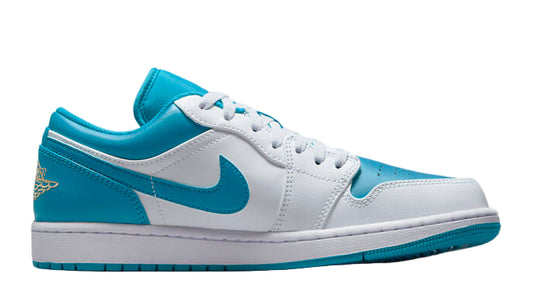 White and blue sneaker with Nike logo on a white background
