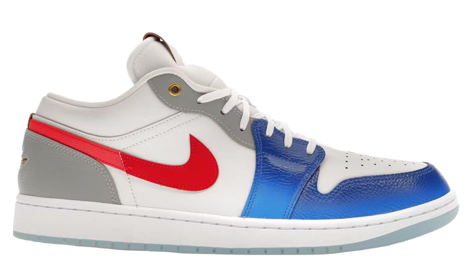 Multicolored sneaker with a red Nike logo on a white background