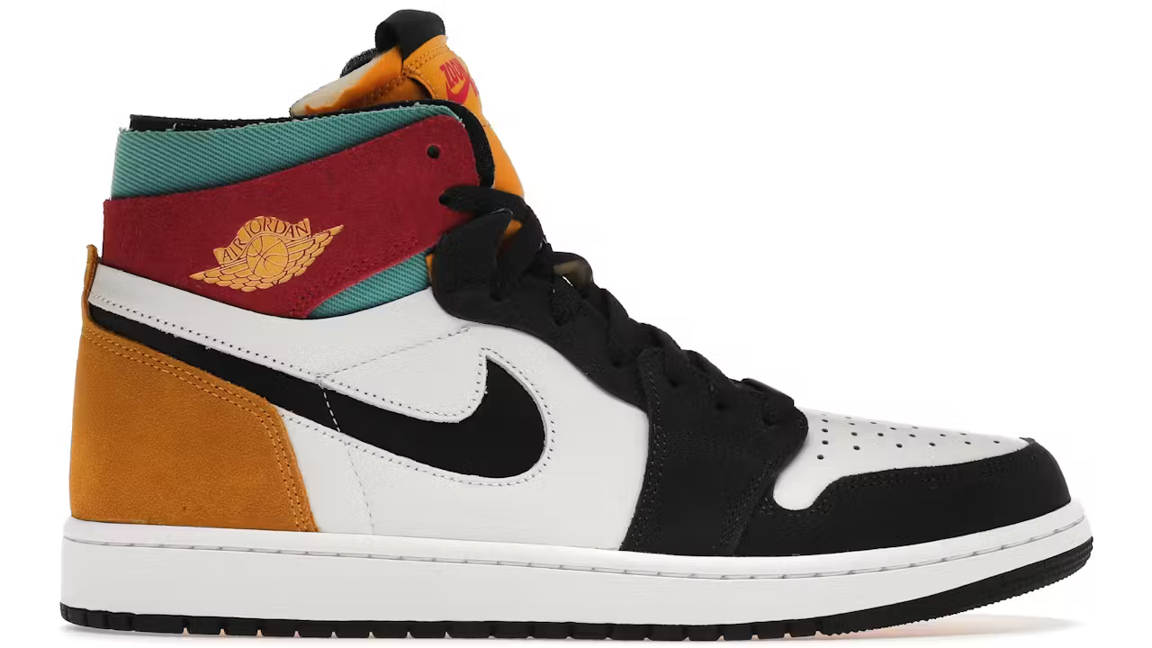 Multicolored sneaker with a prominent Nike logo on a white background