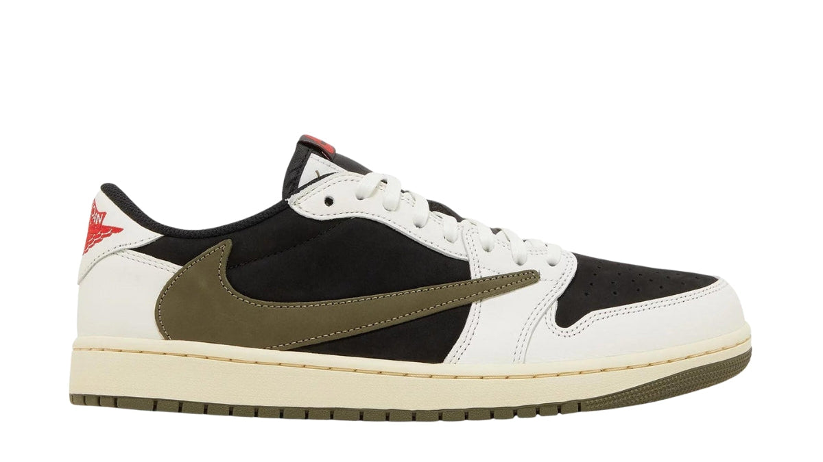 Sneaker with black, white, and brown design on a white background