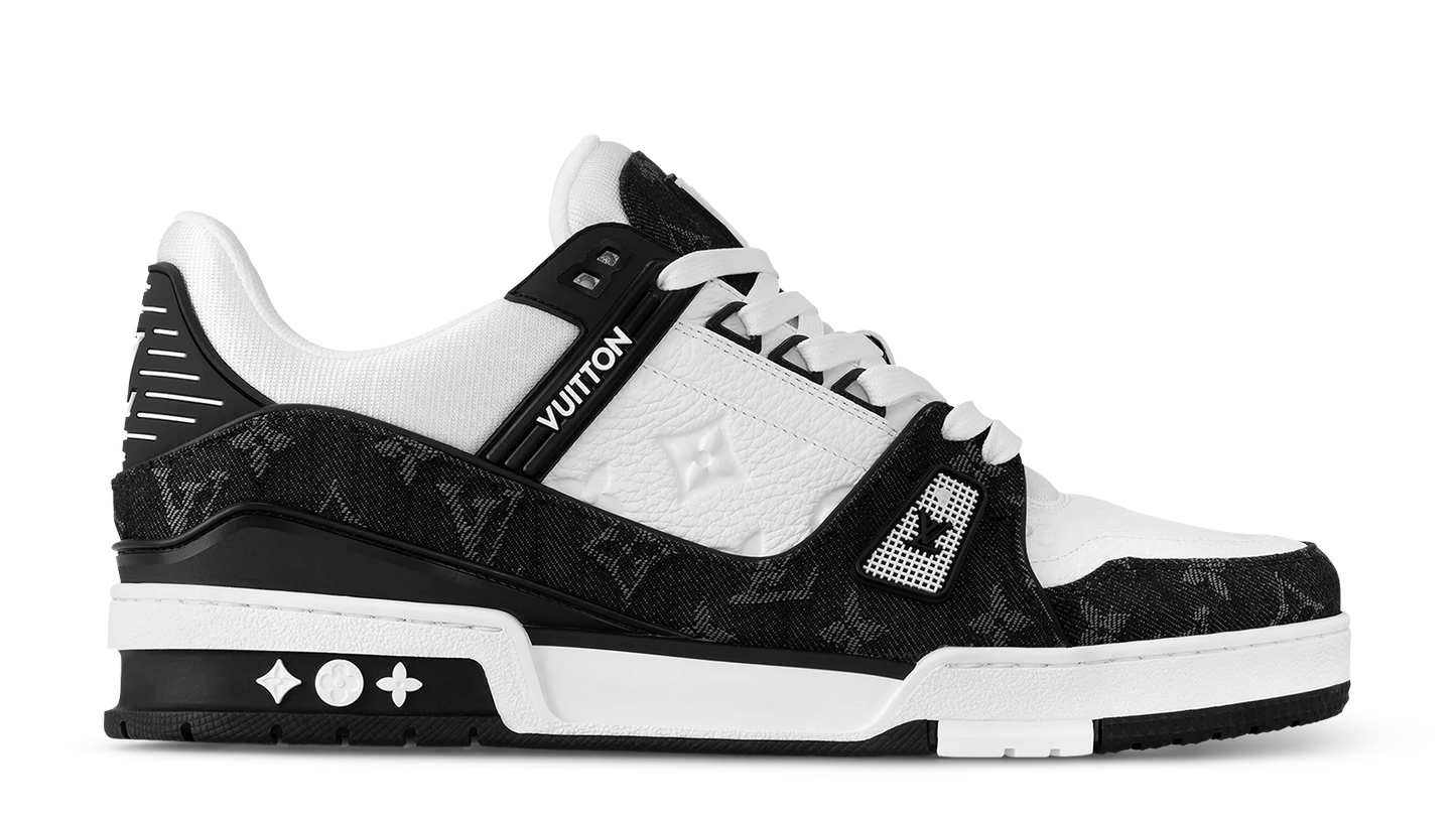 Black and white sneaker with brand logo on a white background