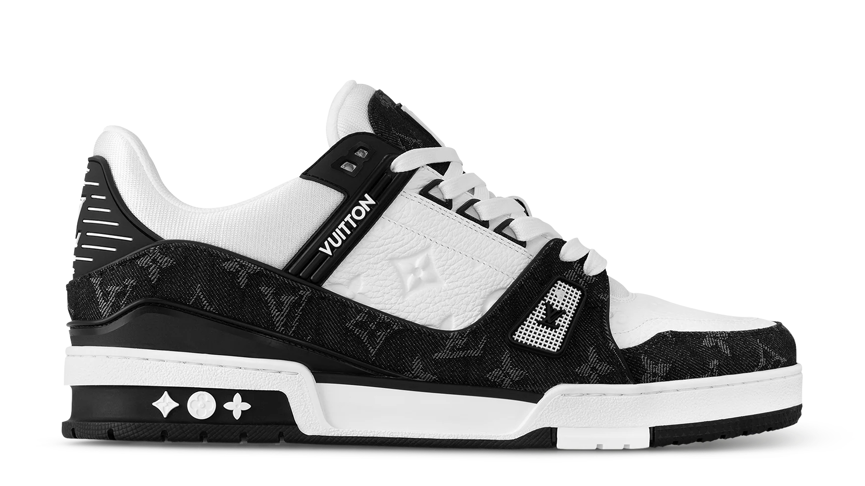 Black and white sneaker with brand logo on a white background
