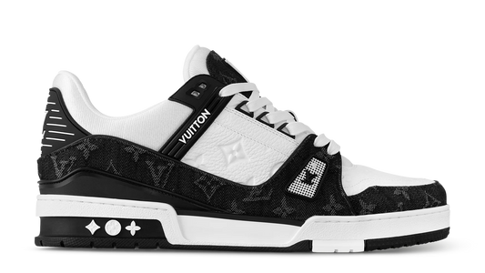 Black and white sneaker with brand logo on a white background