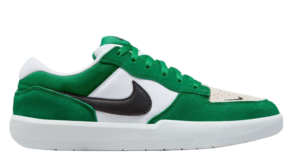 Green and white sneaker with a black logo on a white background