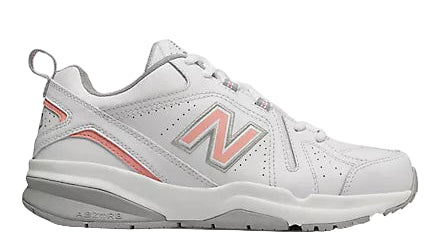 White New Balance sneaker with pink accents on a white background